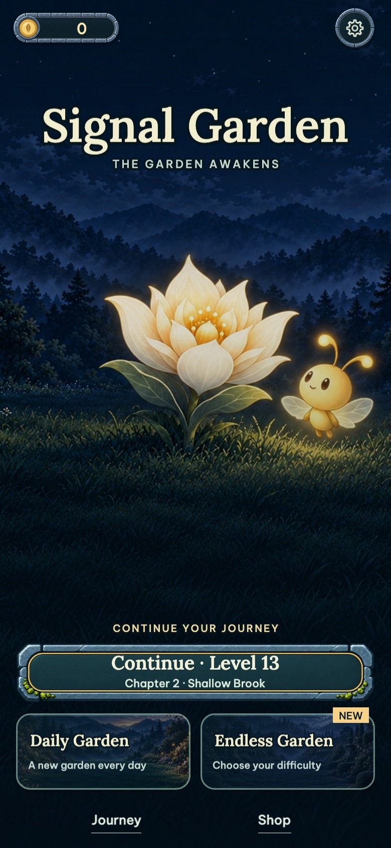 The Signal Garden home screen with a glowing flower and a small firefly guide