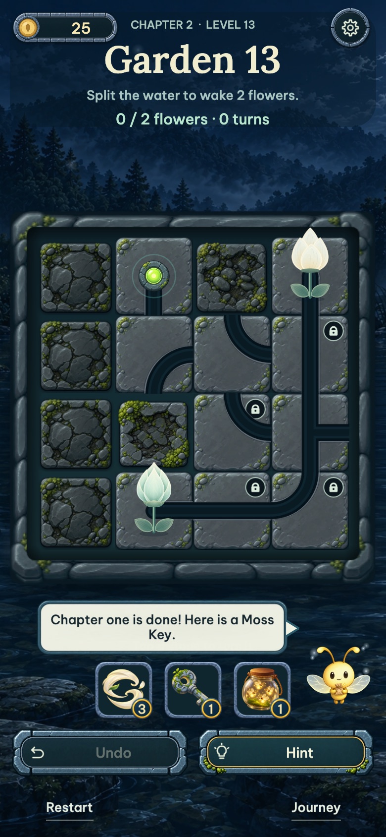 A board of stones with glowing channels, helper items and Undo and Hint buttons